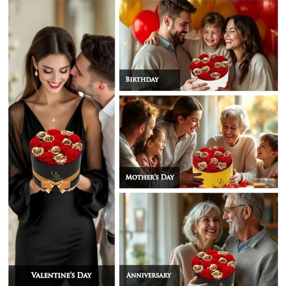 17 Forever Roses in a Box - Luxury Red & Gold Forever Flowers, Gold Roses - Picture 5 of 10